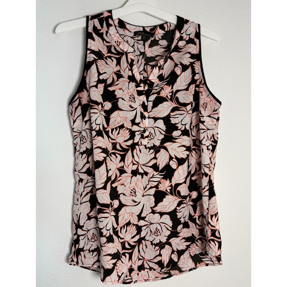 Dalia Womens Floral Sleeveless Blouse Split Neck Button Front Top Orange Black M
